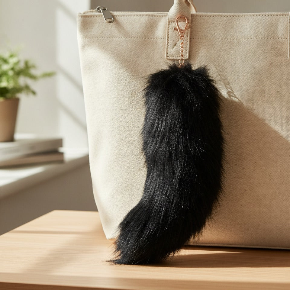Fluffy Faux Fur Tail Keychain - Black