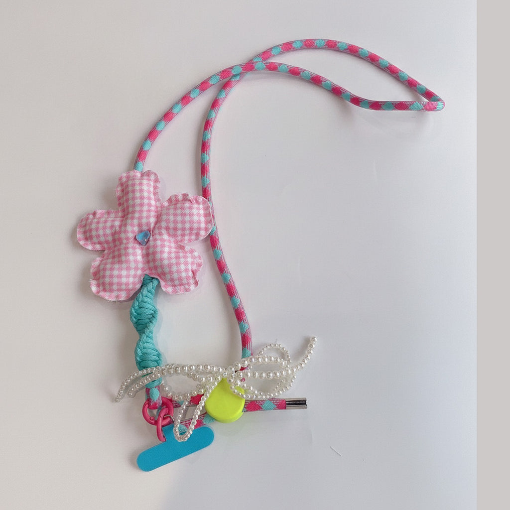 Flower Phone Charm Strap - Pink Plaid Flower – tech (view 1)