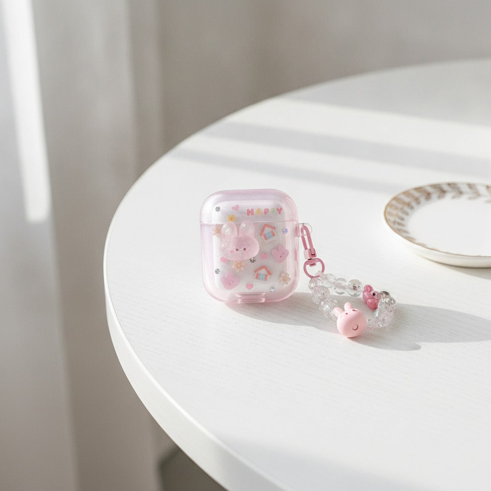 3D Flower AirPods Case with Beaded Charm - Pink Bunny House (for AirPods 4)