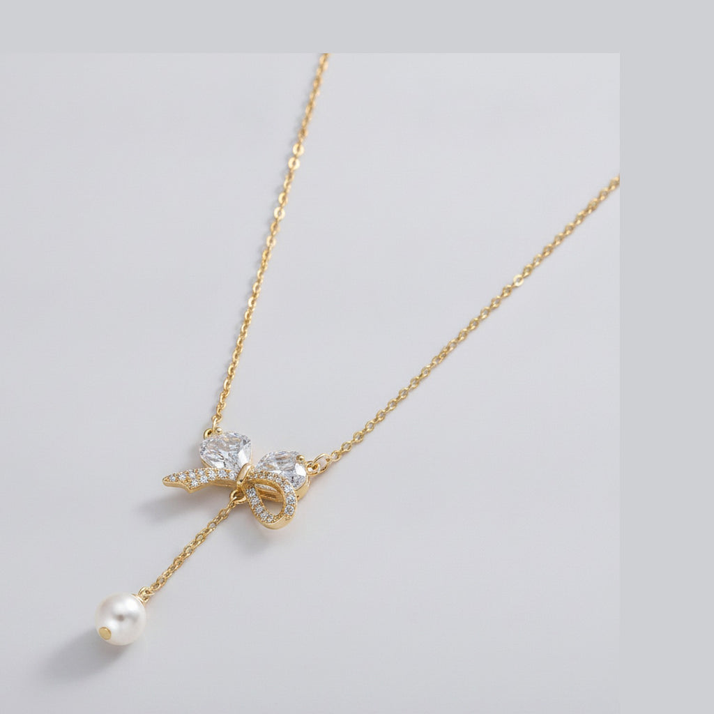 Bow Pearl Drop Chain Necklace Gold – jewelry (view 1)