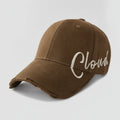 Distressed Baseball Cap with Script Embroidery - Brown – apparel accessories (view 1)