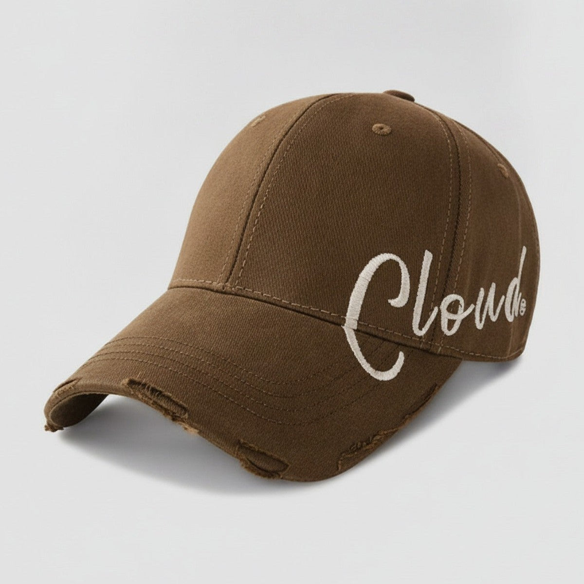Distressed Baseball Cap with Script Embroidery - Brown – apparel accessories (view 1)