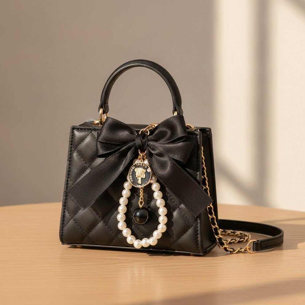Coin Pearl Bow Bag Charm - Black
