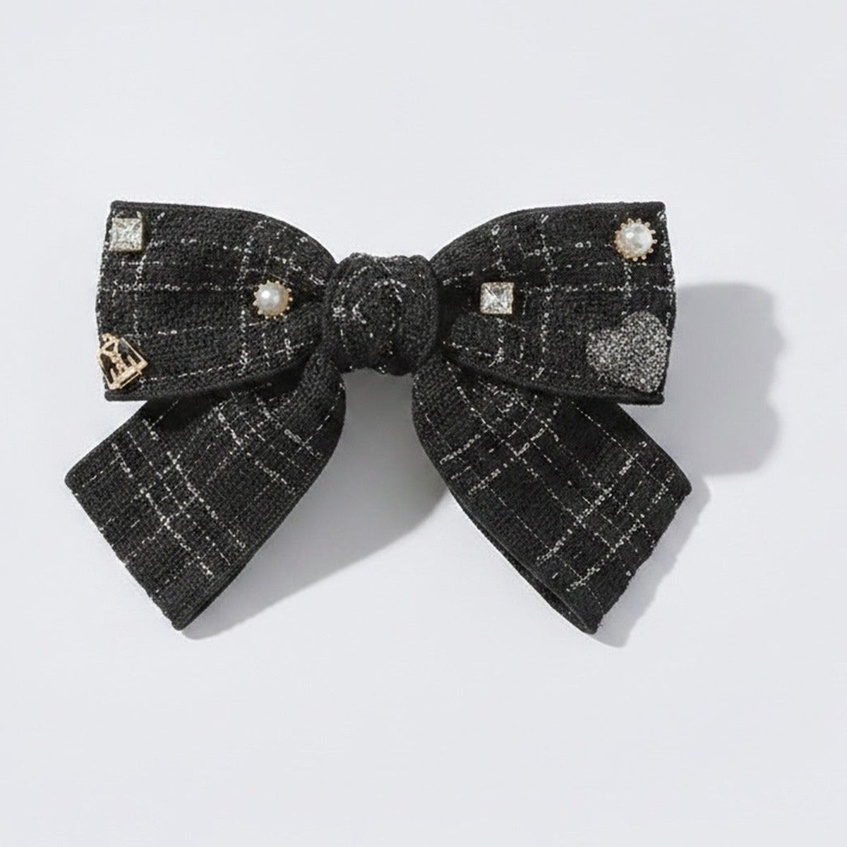 Black Tweed Bow Hair Clip with Pearl Details – hair accessories (view 1)