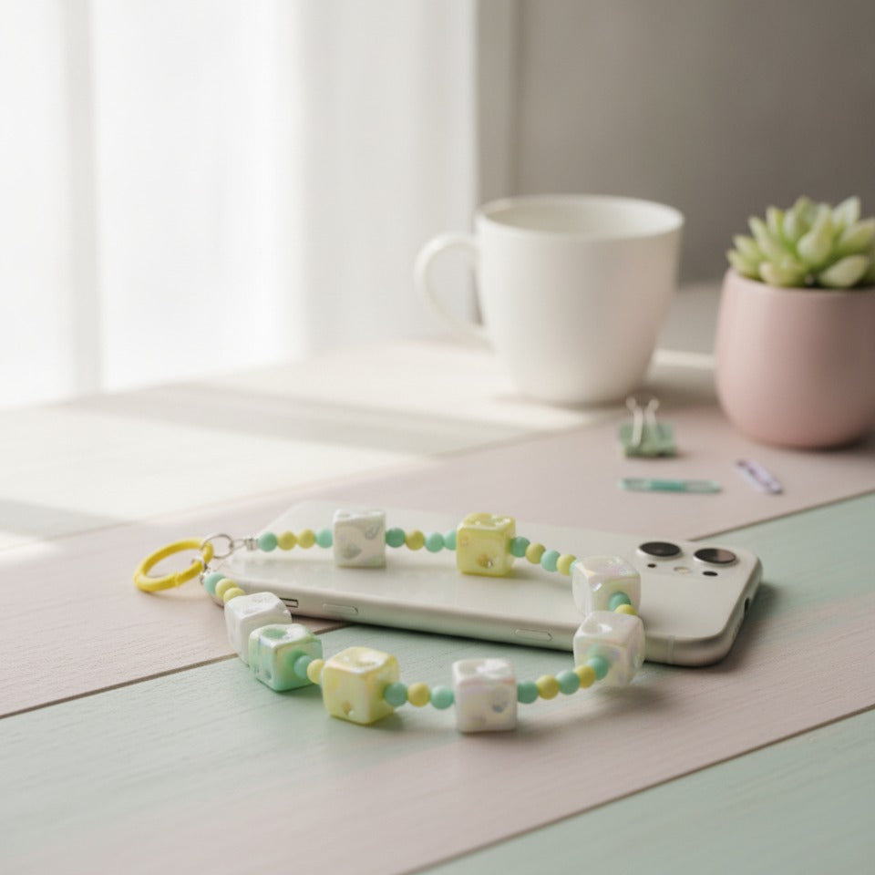 Pastel Dice Beaded Keychain - Green & Yellow
