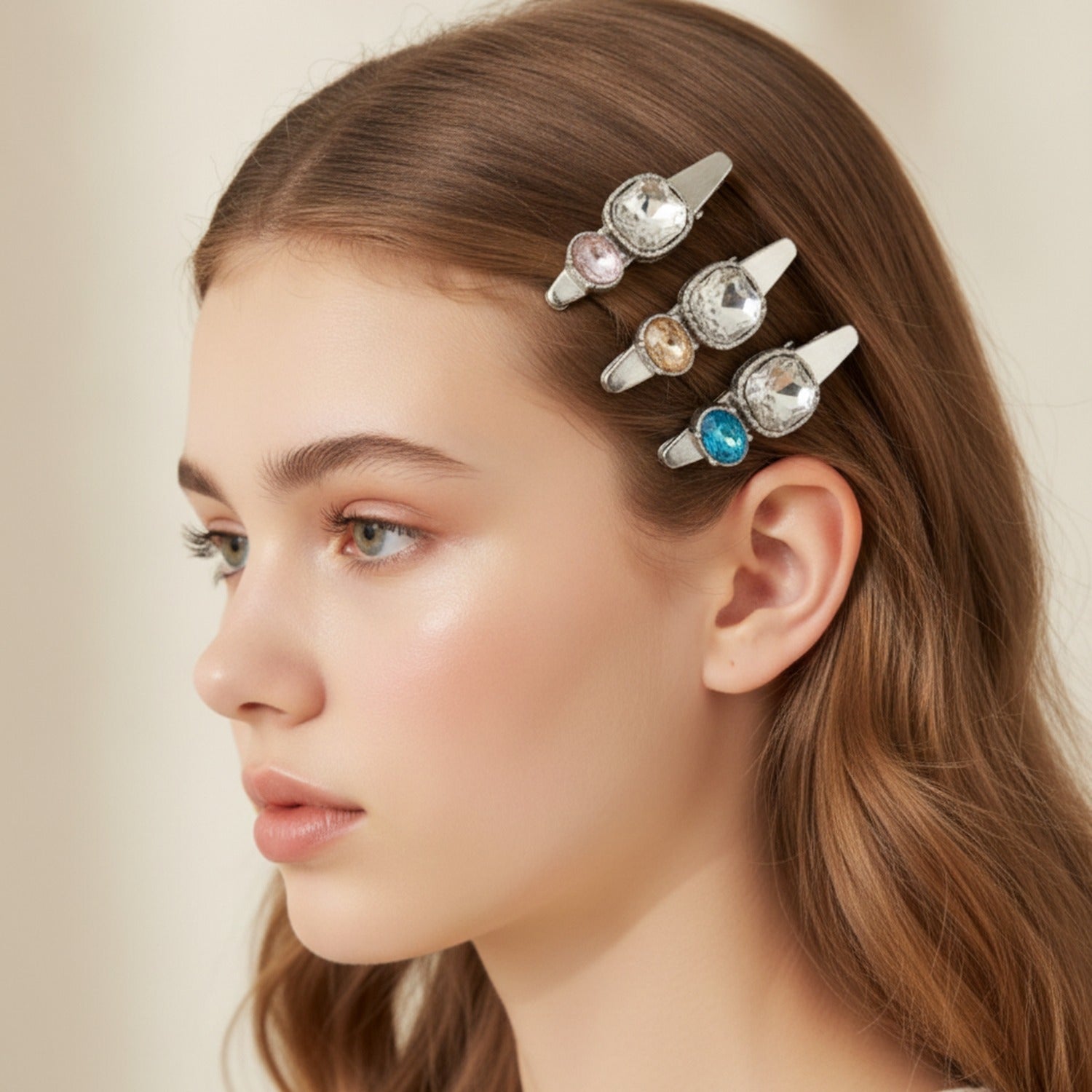 Gemstone Rhinestone Hair Clips Set Transparent Crystal Mix