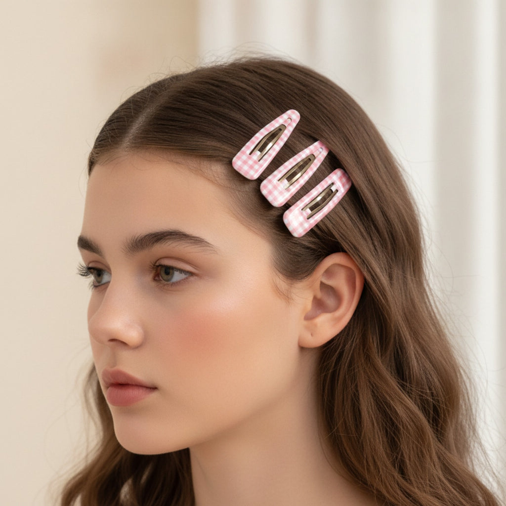 Polka Dot Teardrop Hair Clips Set Light Pink Check