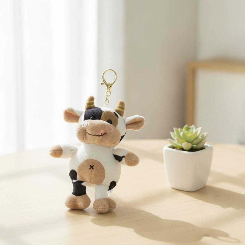 Smiling Cow Plush Keychain - Cream & Black