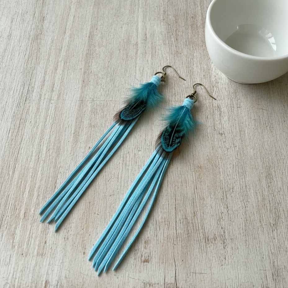 Feather Fringe Dangle Earrings - Turquoise