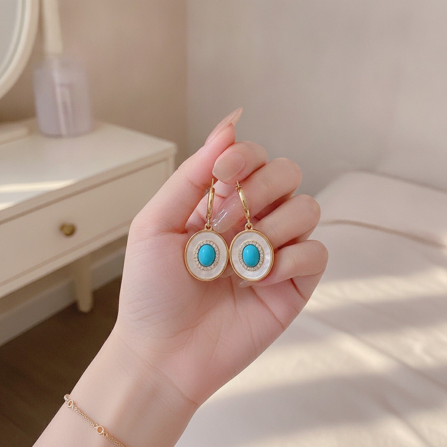 Turquoise & Pearl Drop Earrings Turquoise Huggie