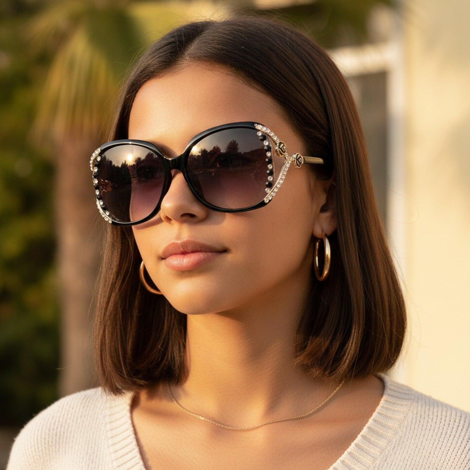 Rhinestone Oval Gradient Sunglasses Black Frame