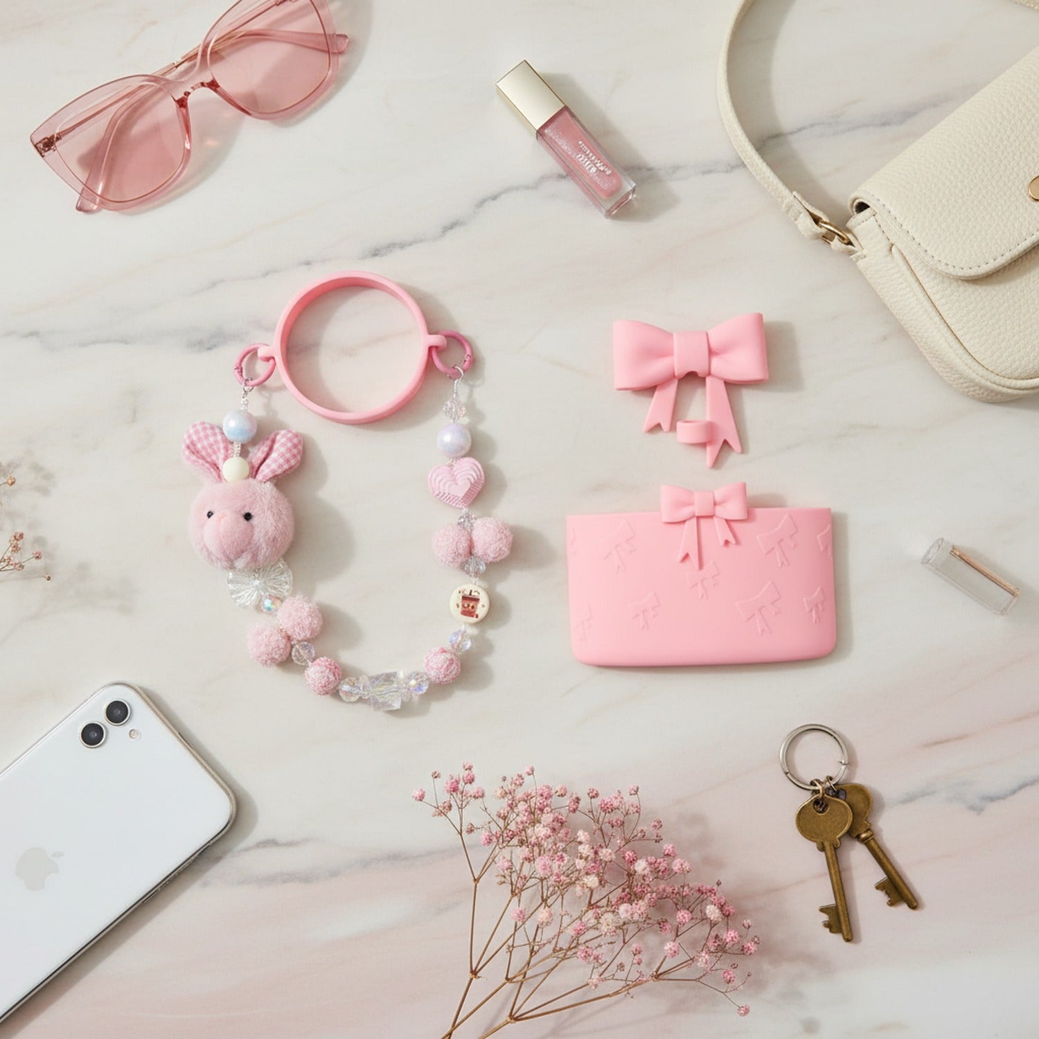 Fuzzy Bunny Charm Bag Clip Set White