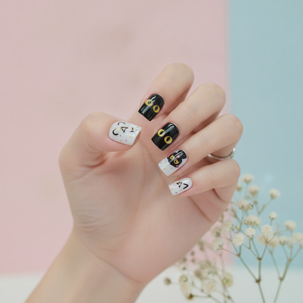 Cat Face Press-On Manicure Set - Cream & Black Cat