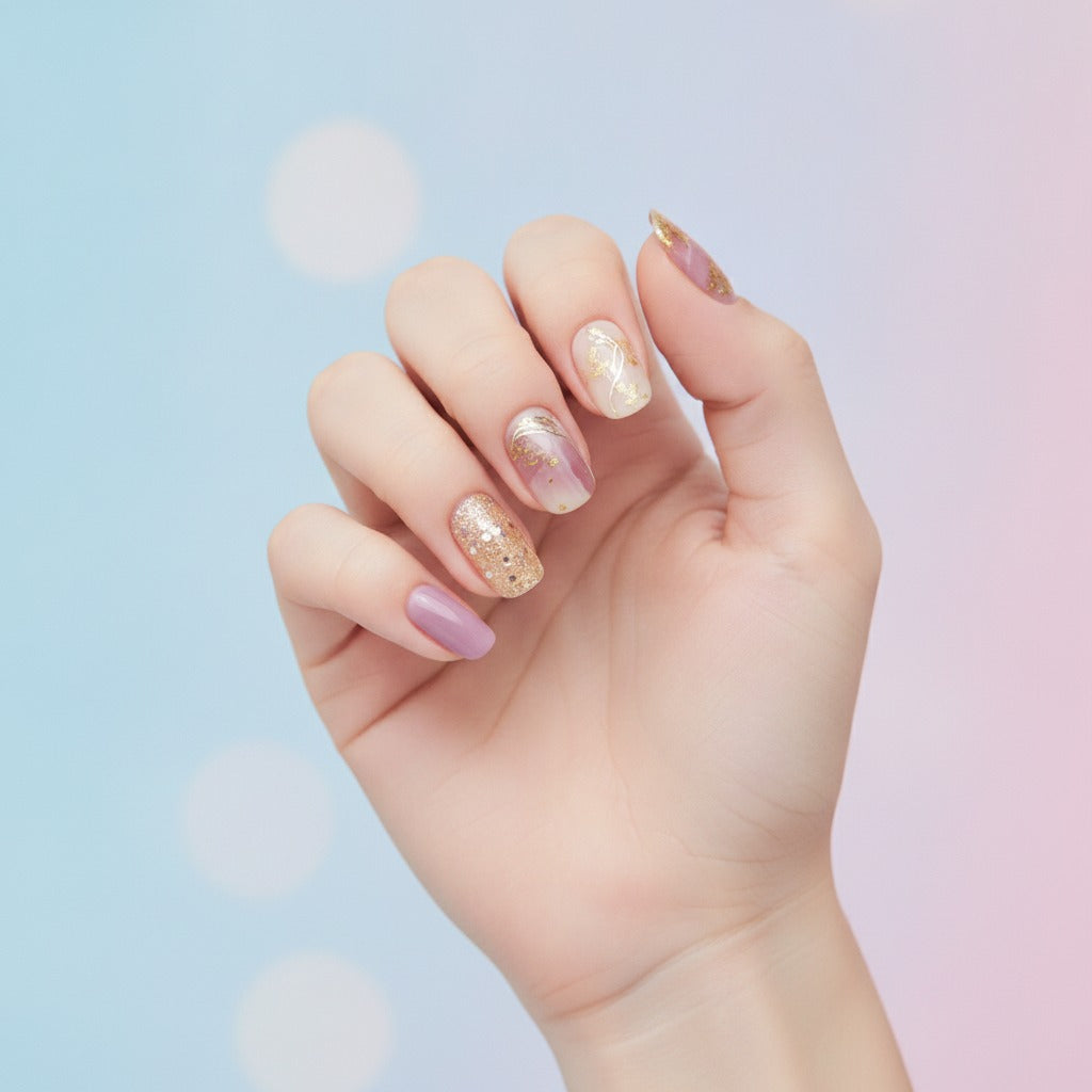 Botanical Press-On Nail Set - Dusty Rose & Gold