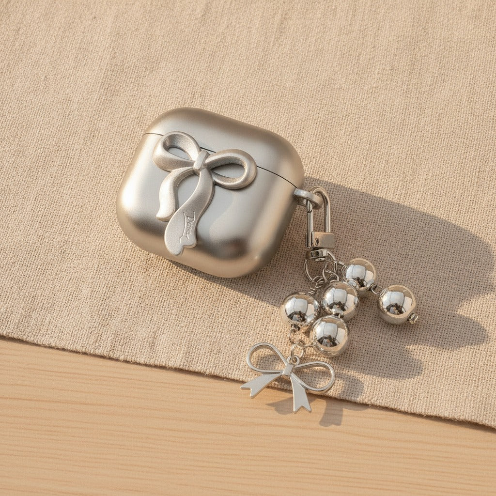 Bow Pearl Charm Airbuds Case - Silver (for AirPods 4)