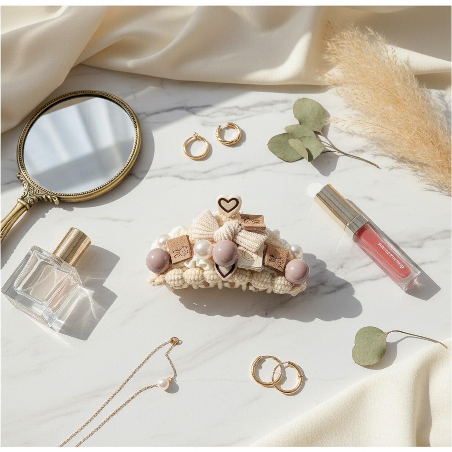 Pearl & Bead Hair Clip Set Beige