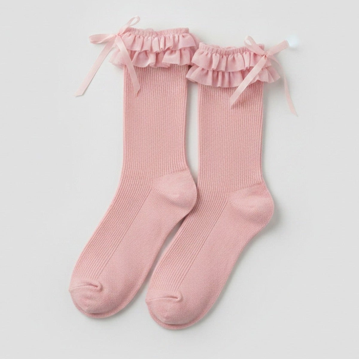 Pink Ruffled Bow Ribbed Crew Socks – apparel accessories (view 1)
