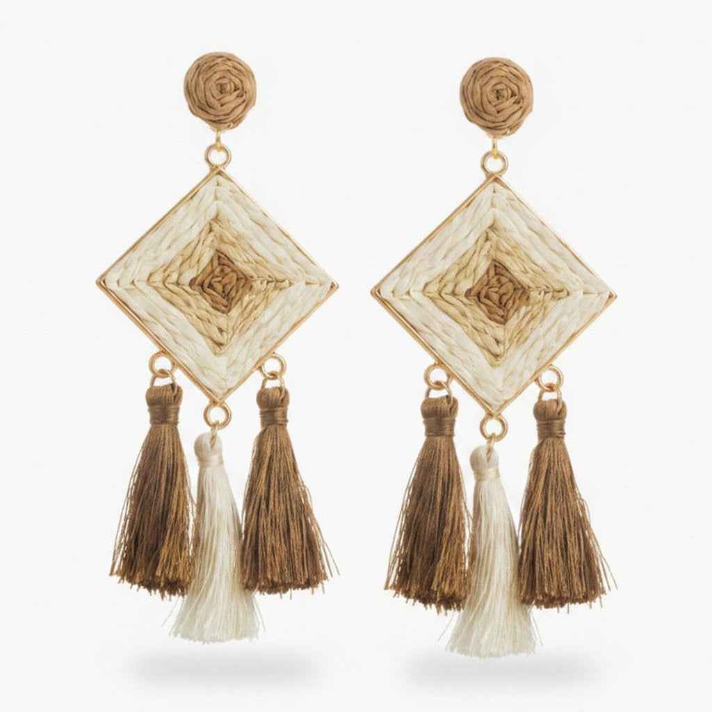Woven Diamond Tassel Dangle Earrings - Coffee