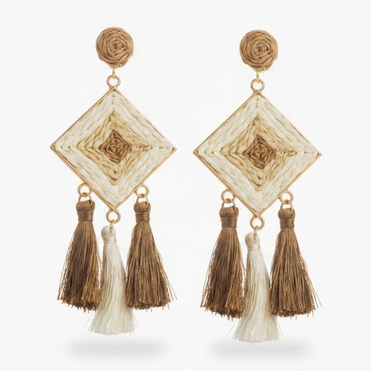 Woven Diamond Tassel Dangle Earrings - Coffee