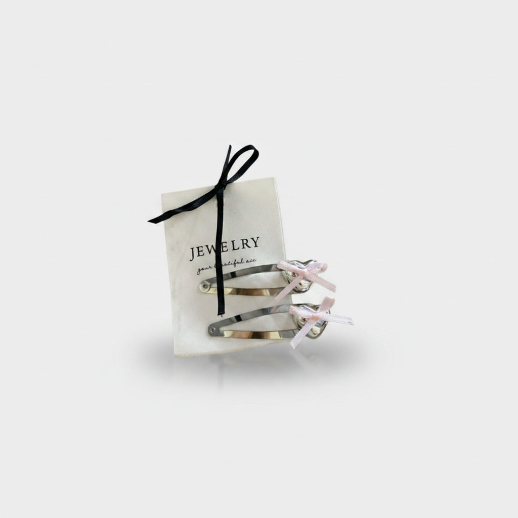 Heart Charm Silver BB Clip Set Pink Bow