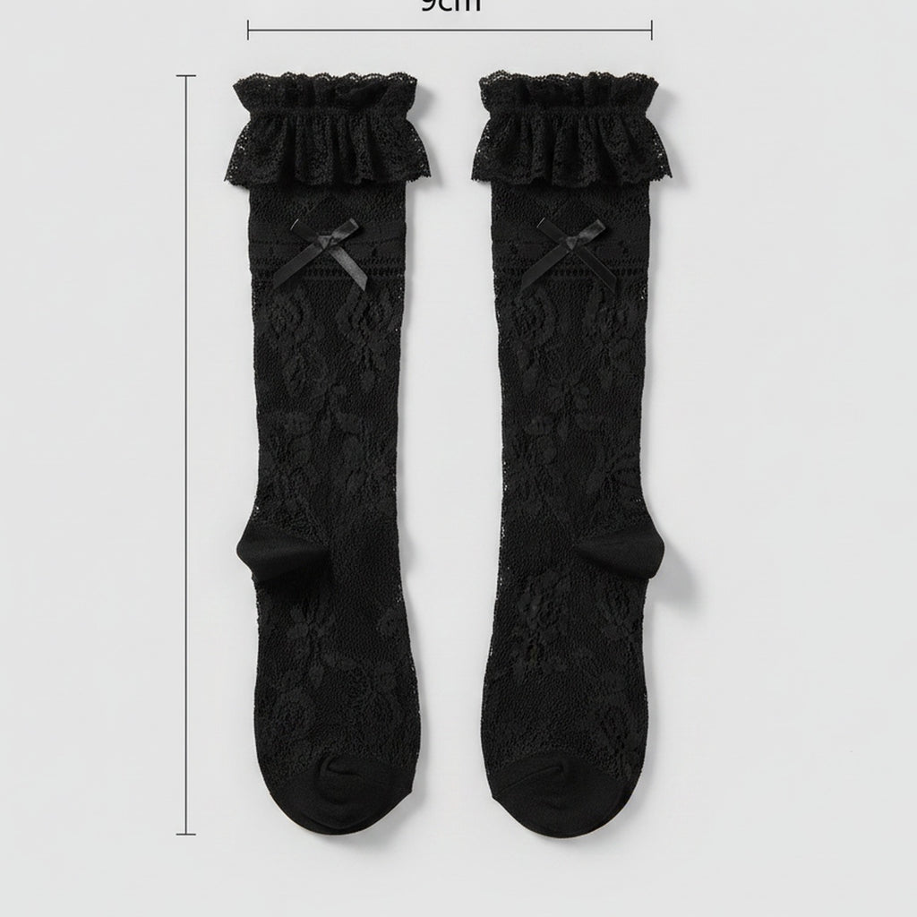 Lace Ruffle Knee High Socks - Black