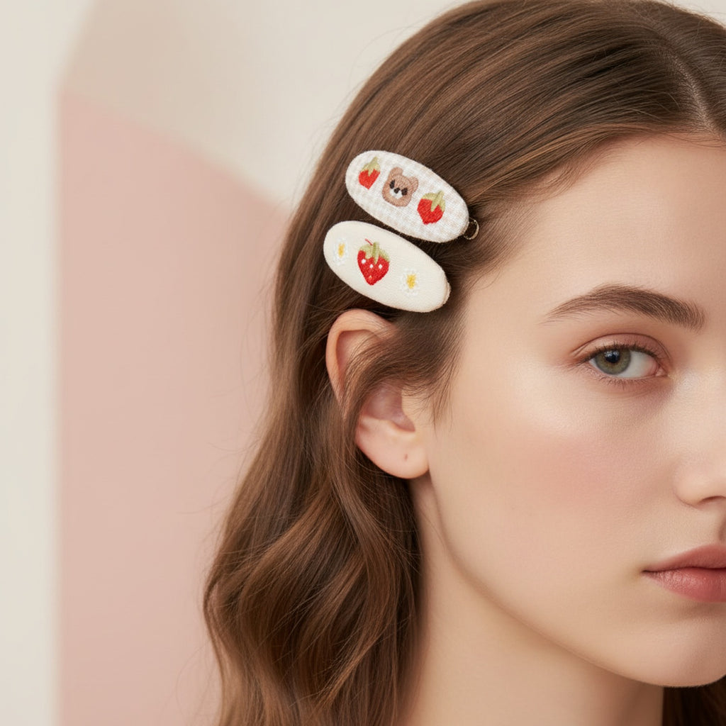 Embroidered Oval Hair Clip Duo Cream Berry