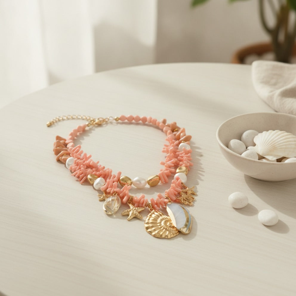 Beaded Ocean Charm Layered Necklace - Type 6