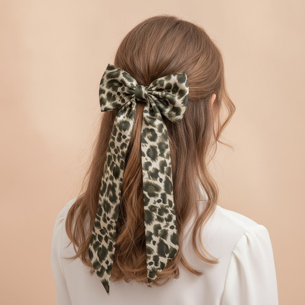 Leopard Bow Hair Claw - Dark Green Leopard