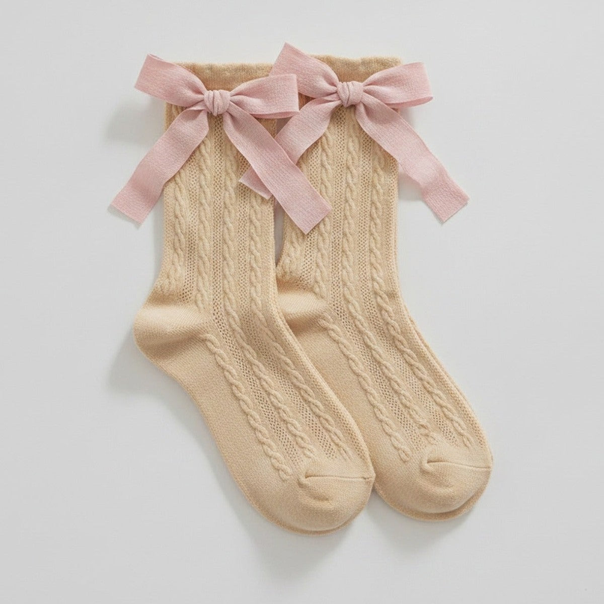 Beige Cable Knit Bow Crew Socks – apparel accessories (view 1)