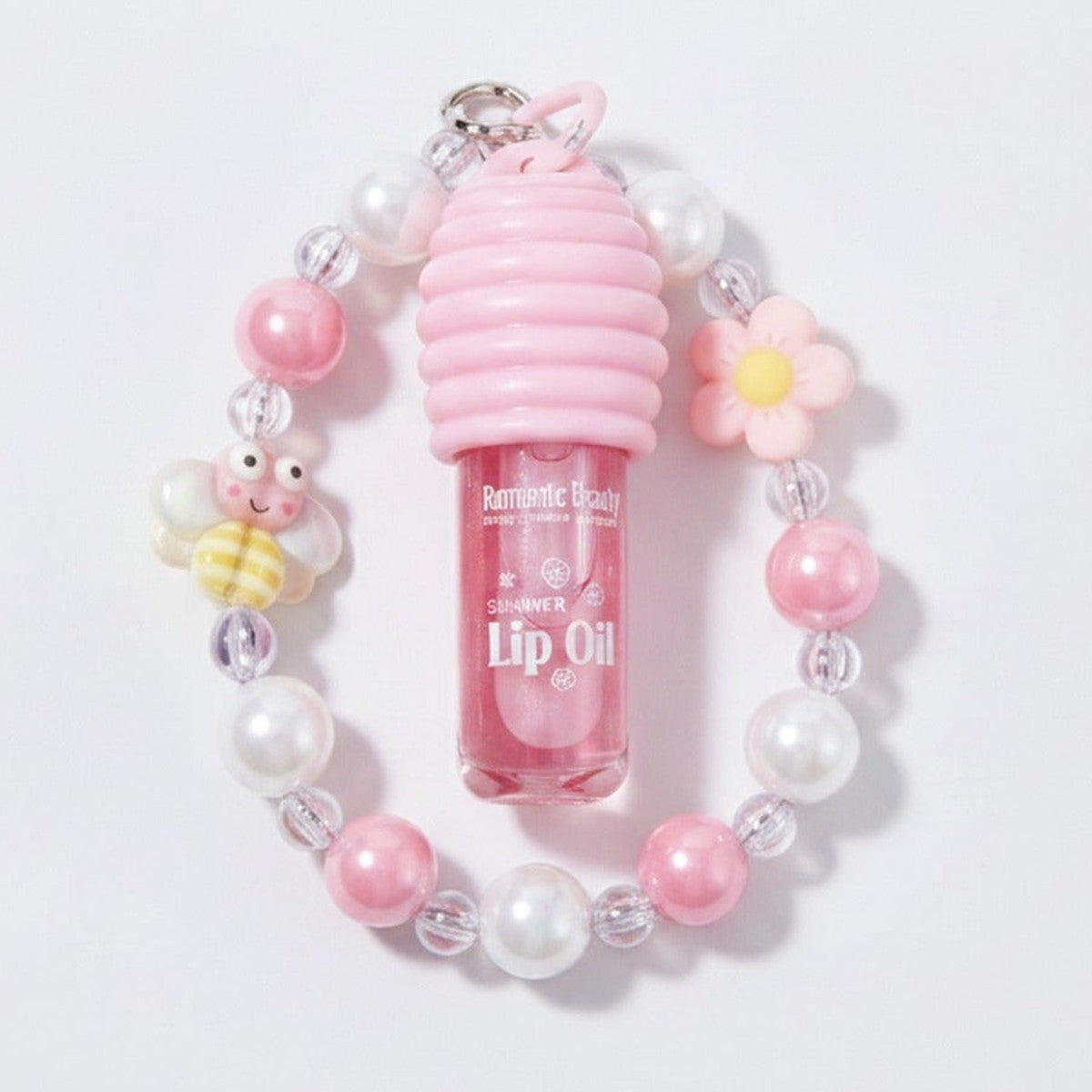 Pink Beaded Lip Oil Keychain With Flower Charm – Korean beauty tool (view 1)