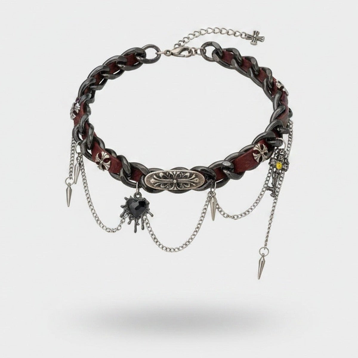 Burgundy Leather Chain Spike Charm Choker Necklace – jewelry (view 1)