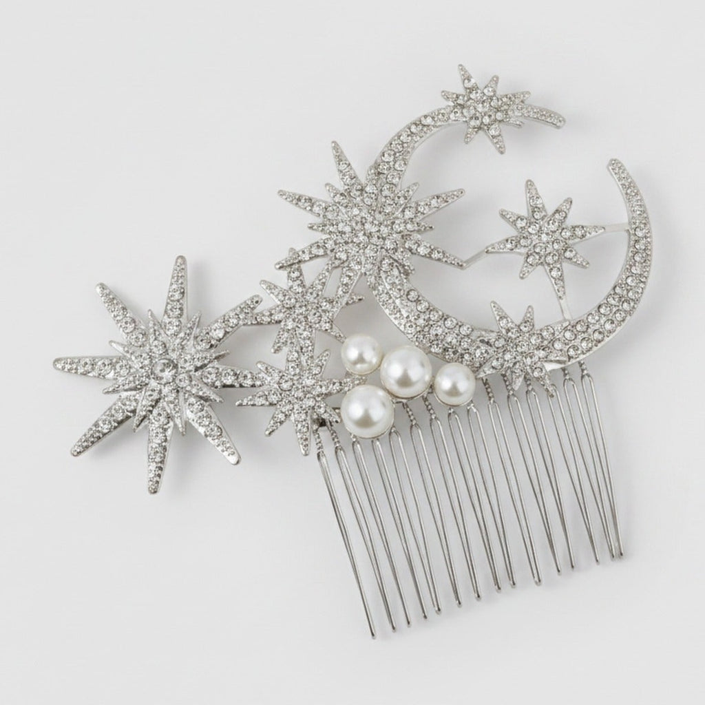 Celestial Star & Moon Hair Comb Silver Crystal