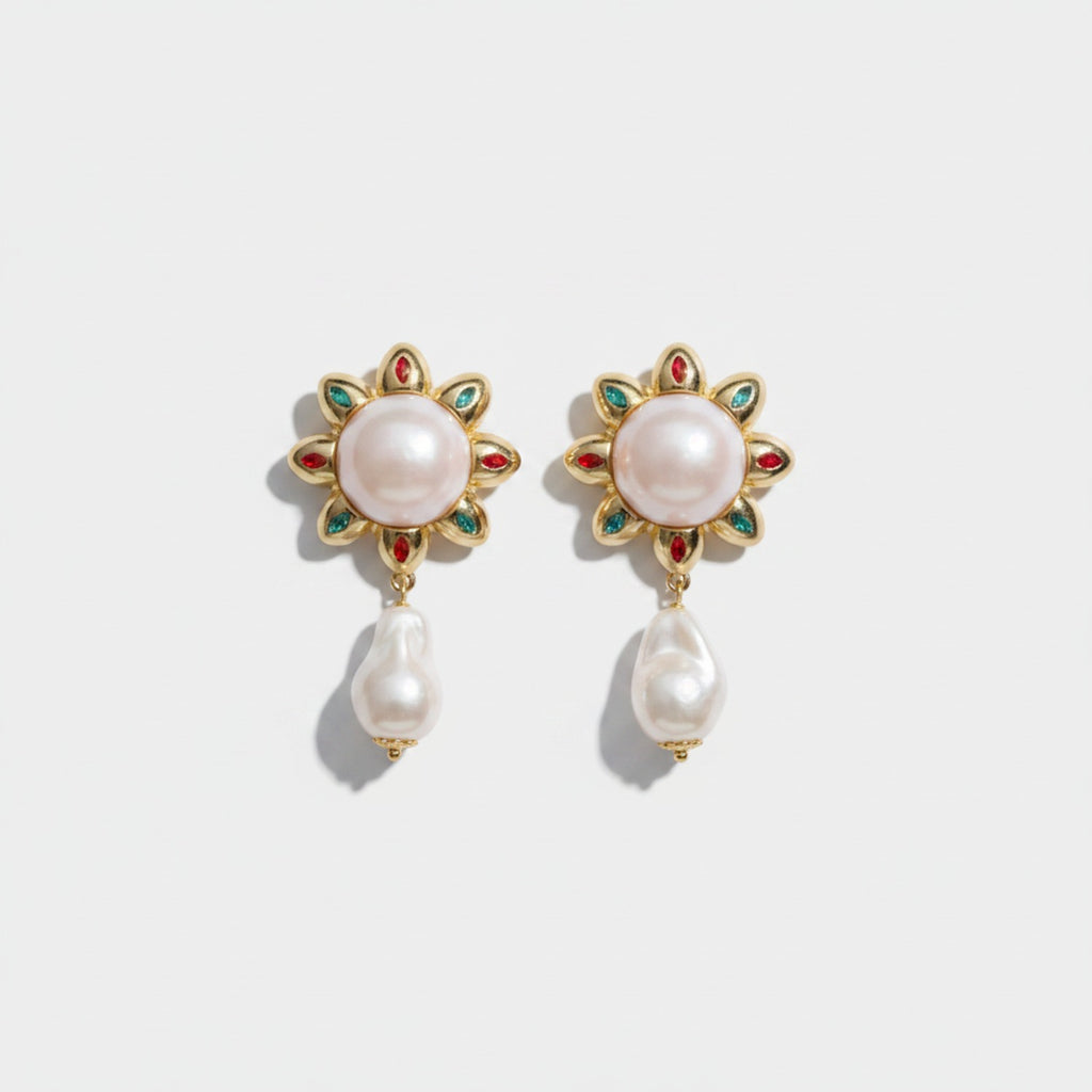 Pearl Drop Flower Statement Earrings Pearl & Gold