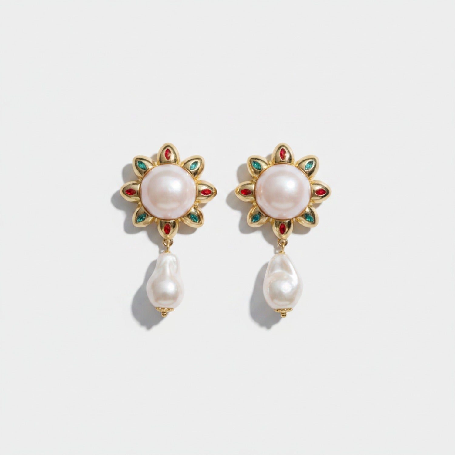 Pearl Drop Flower Statement Earrings Pearl & Gold