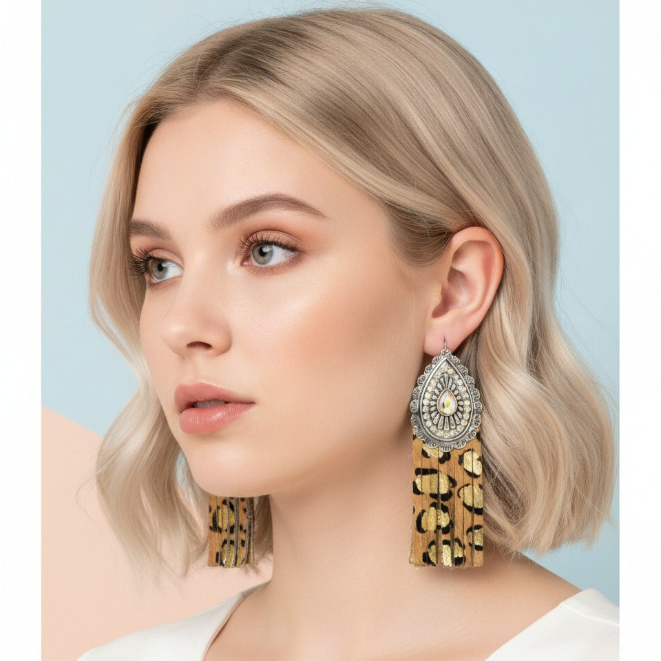 Ornate Tassel Dangle Earrings - Leopard Print