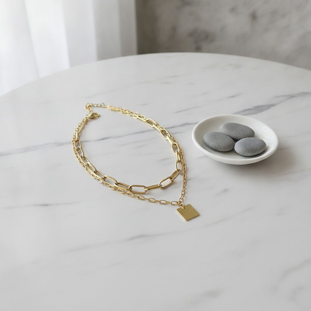 Layered Square Pendant Chain Necklace - Gold