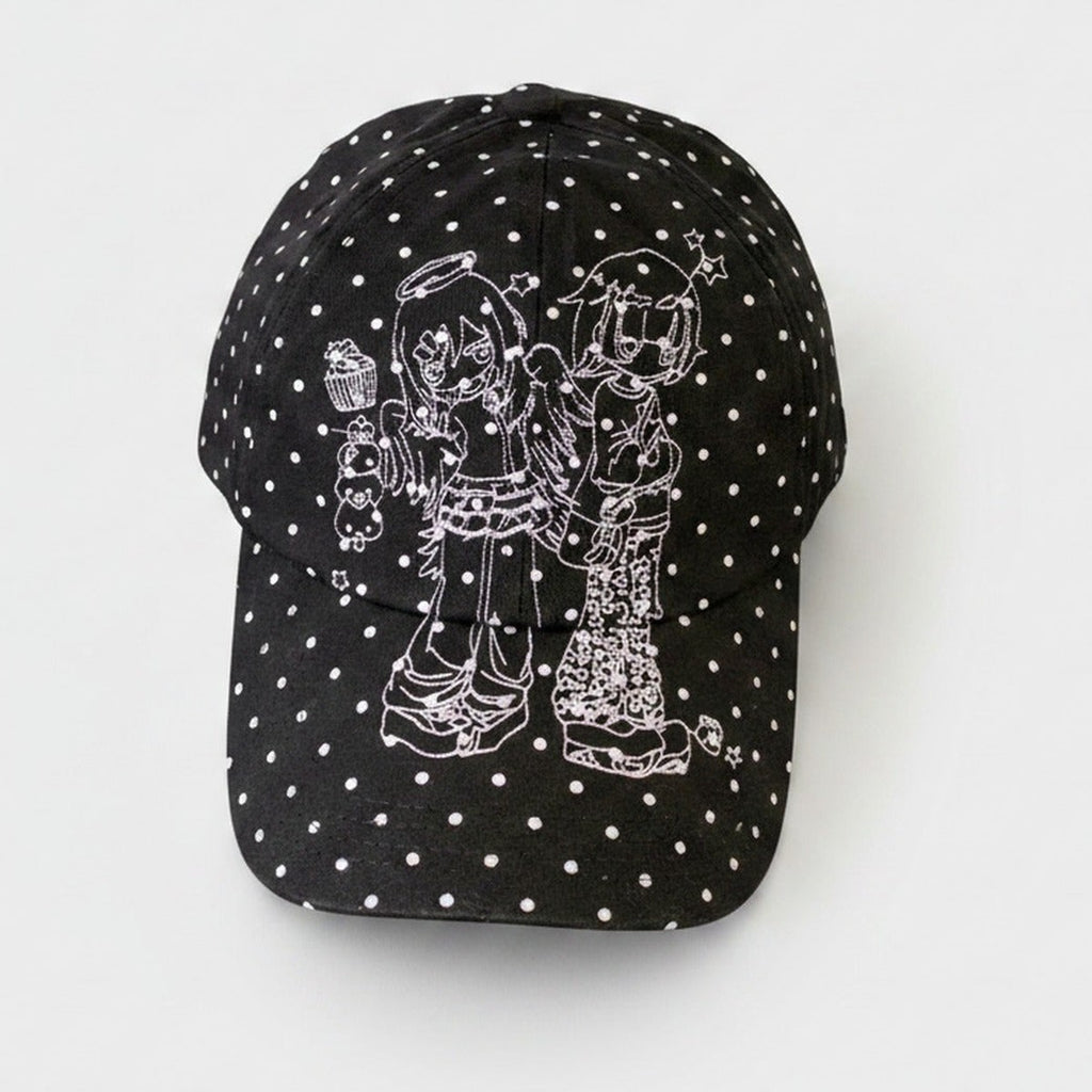 Black Polka Dot Baseball Cap with Anime Girl Graphic – apparel accessories (view 1)