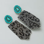 Turquoise Cluster Fringe Drop Earrings - Leopard Print