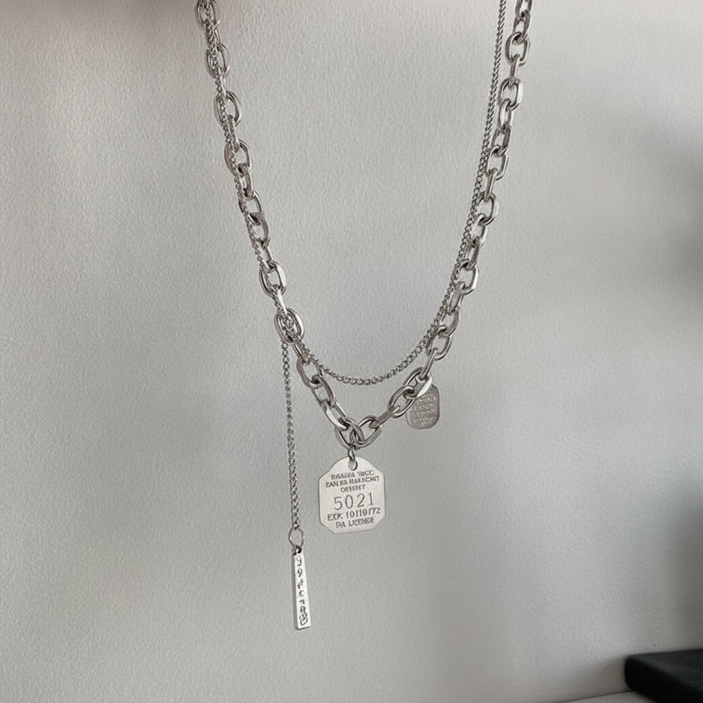 Mixed Chain Layered Pendant Necklace - Silver
