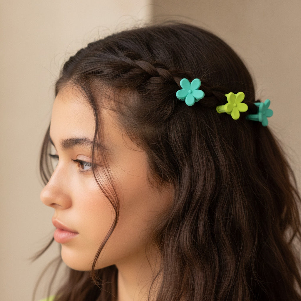 Blue Flower Hair Clips Set Green Flowers