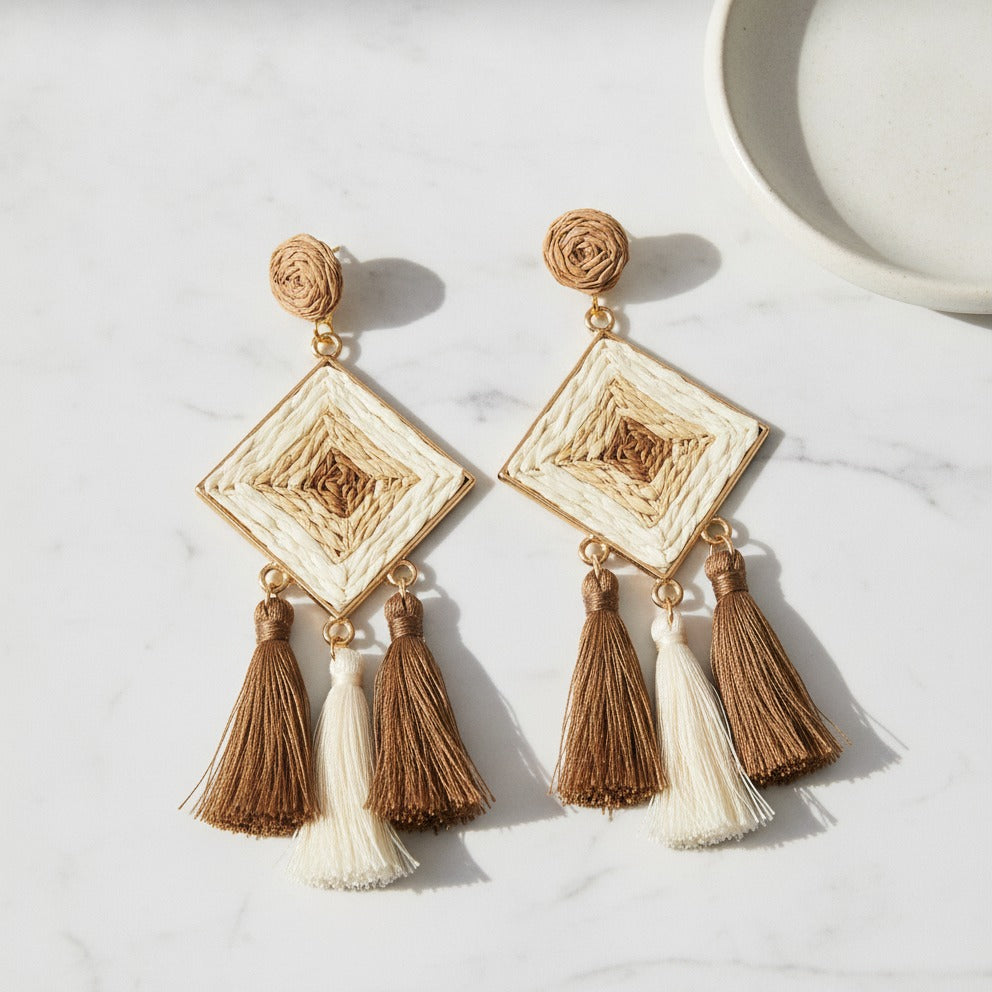 Woven Diamond Tassel Dangle Earrings - Coffee