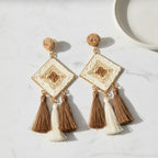 Woven Diamond Tassel Dangle Earrings - Coffee