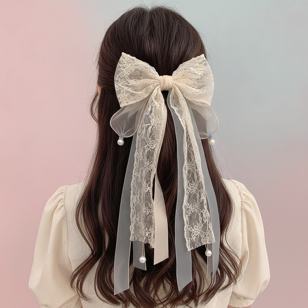 Sheer Bow Hair Claw - Lace Pink