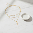 Layered Pearl Cross Necklace - Gold