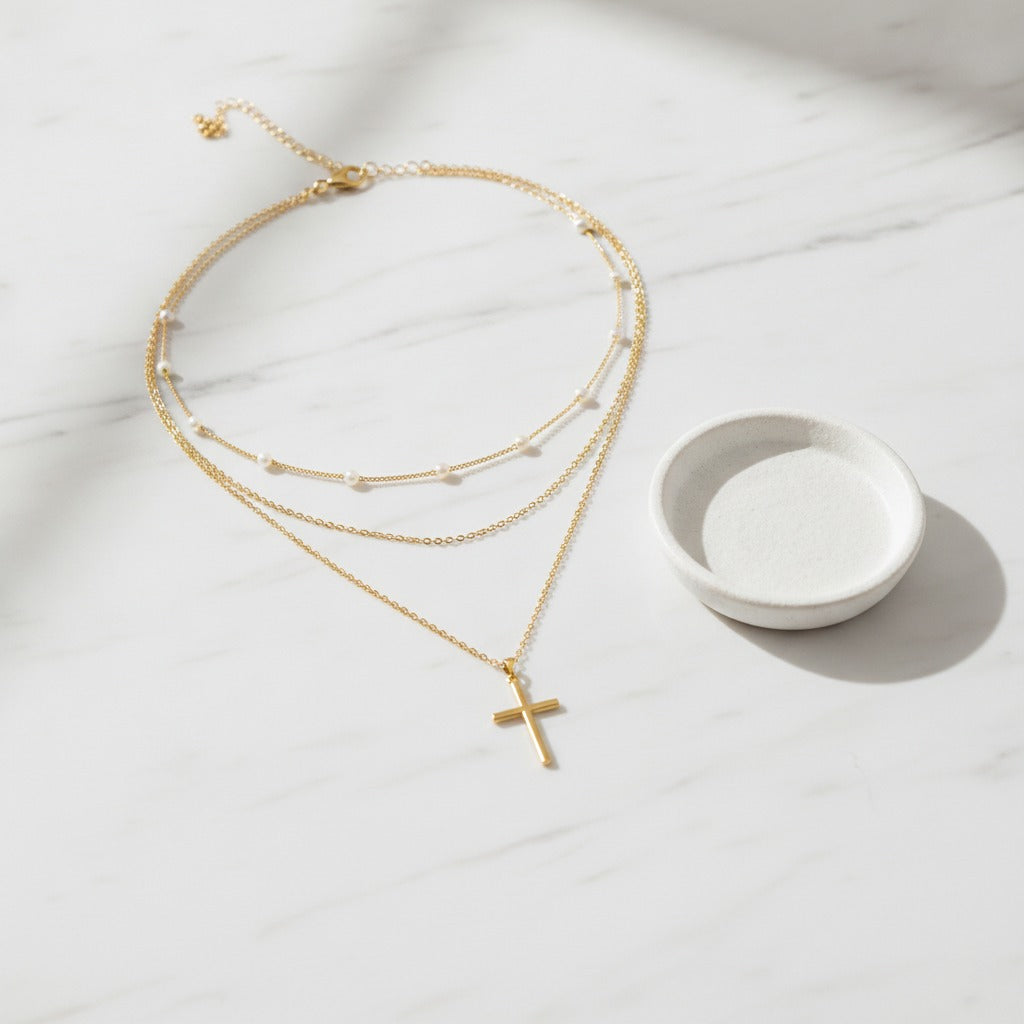 Layered Pearl Cross Necklace - Gold