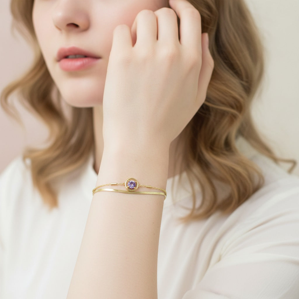 Layered Chain Bracelet with Stone - Gold