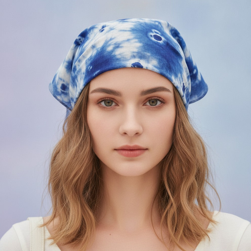 Embroidered Floral Mini Bonnet Headwrap - Blue Tie Dye