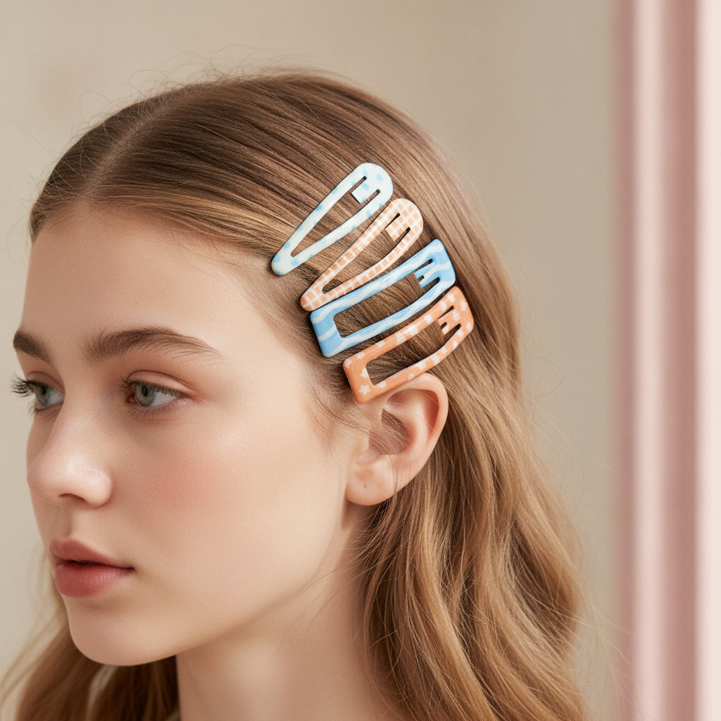 Le Ting Printed Snap Hair Clip Set Blue Dot & Orange Plaid