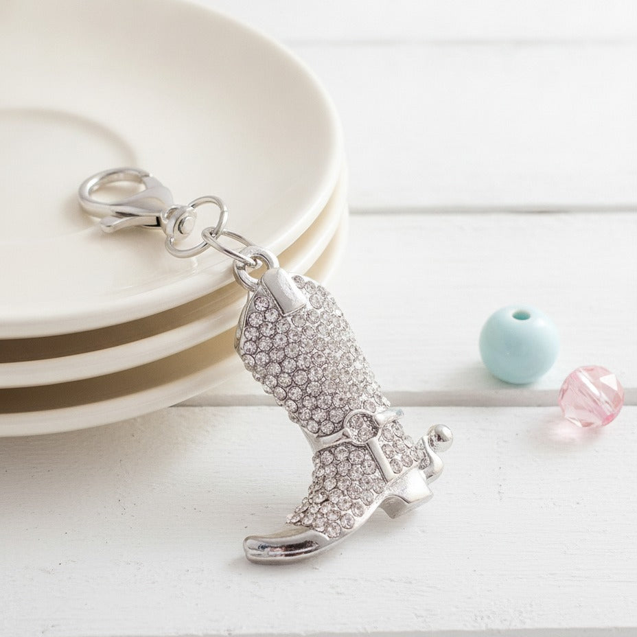 Rhinestone Cowboy Boot Keychain - Silver Crystal