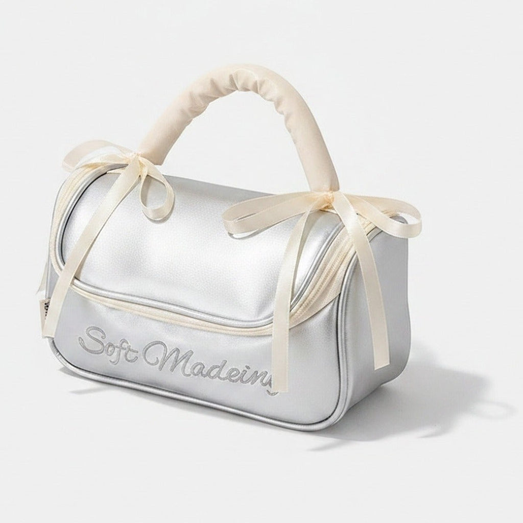 Soft Madeing Bow Handle Cosmetic Bag - Soft Silver